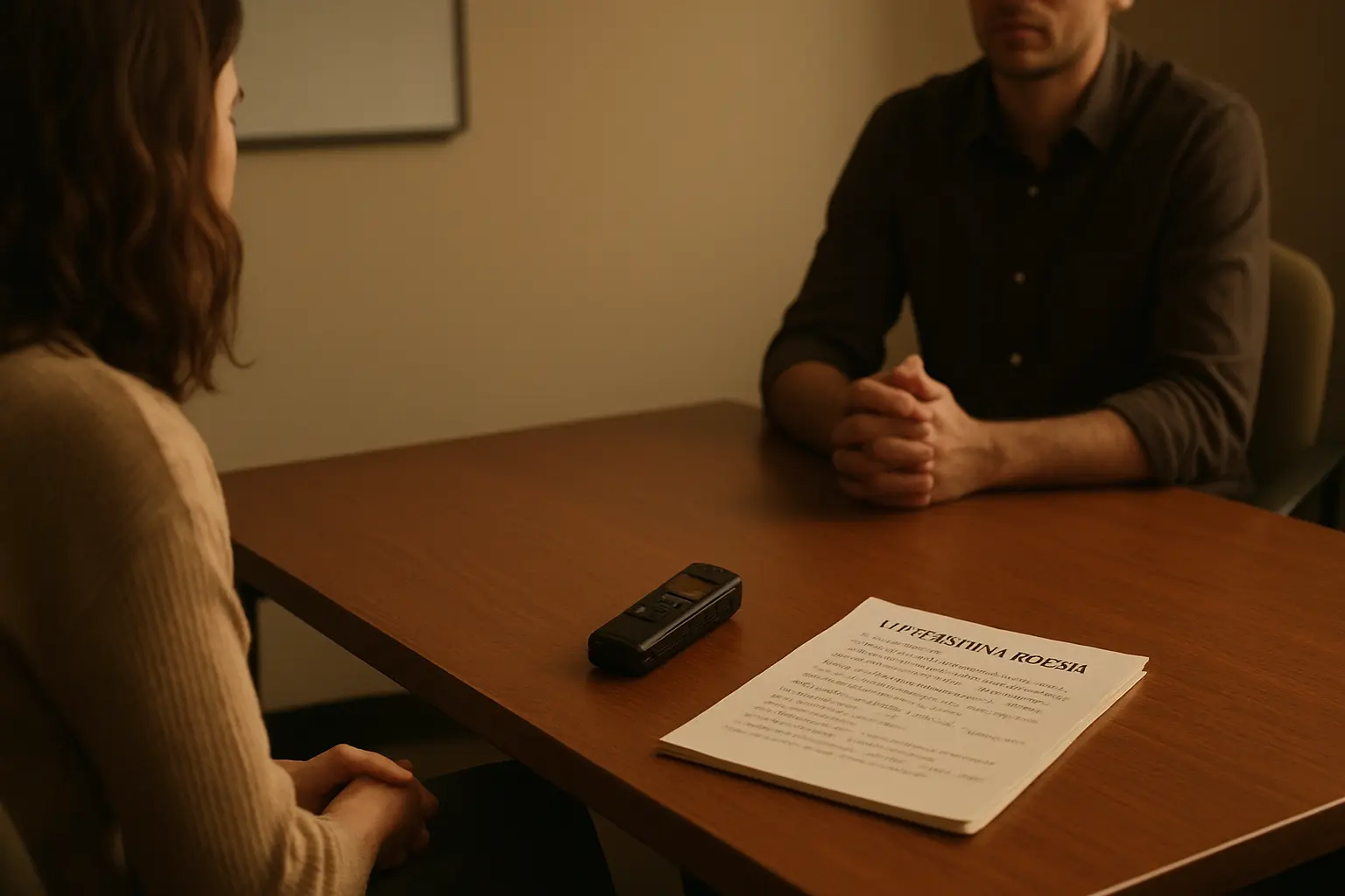 A research interview in progress with a recorder and interview guide on the table