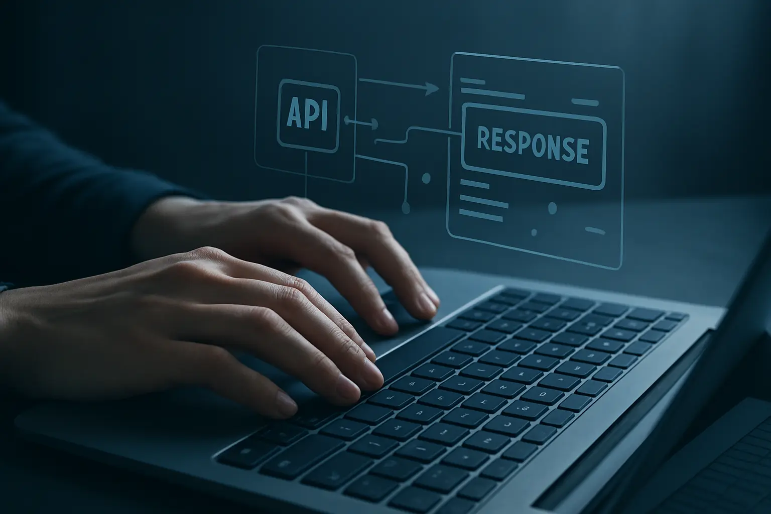 Hands typing on a laptop with an abstract data query on screen beside a printed data table