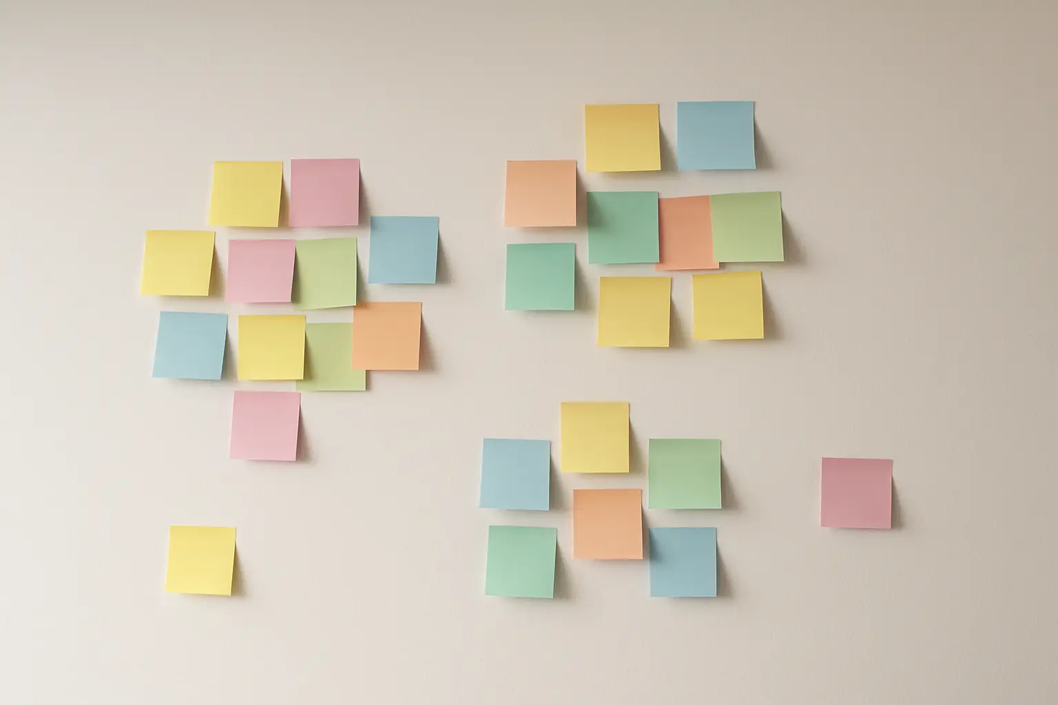 Codes clustered into candidate themes on a wall of sticky notes