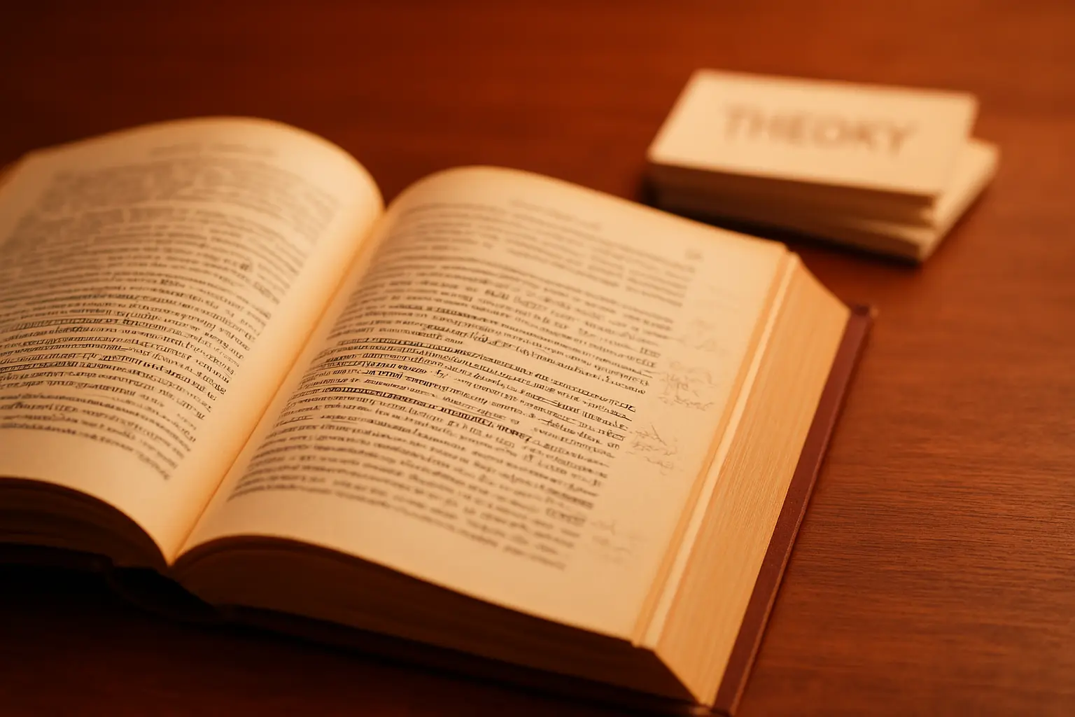 Livre academique annote au crayon avec des fiches de theories a cote