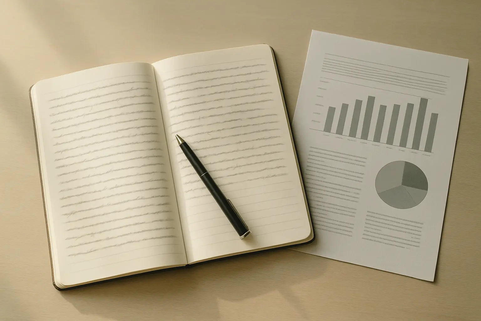 Un carnet et un rapport imprimé posés sur un bureau pour noter la source d'une donnée