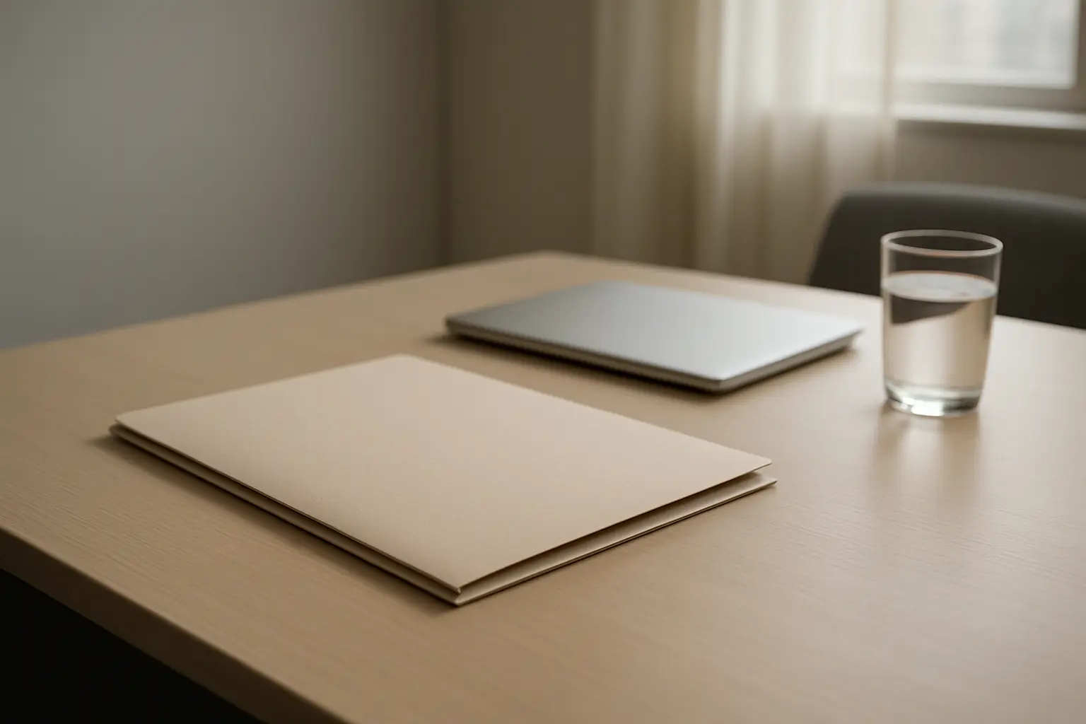 Un dossier mince et ordonné posé sur une table, prêt à être remis