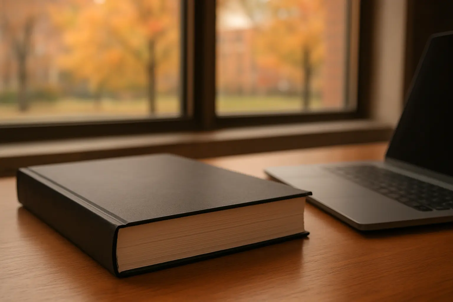 Mémoire relié posé sur une table de bibliothèque universitaire avant le dépôt