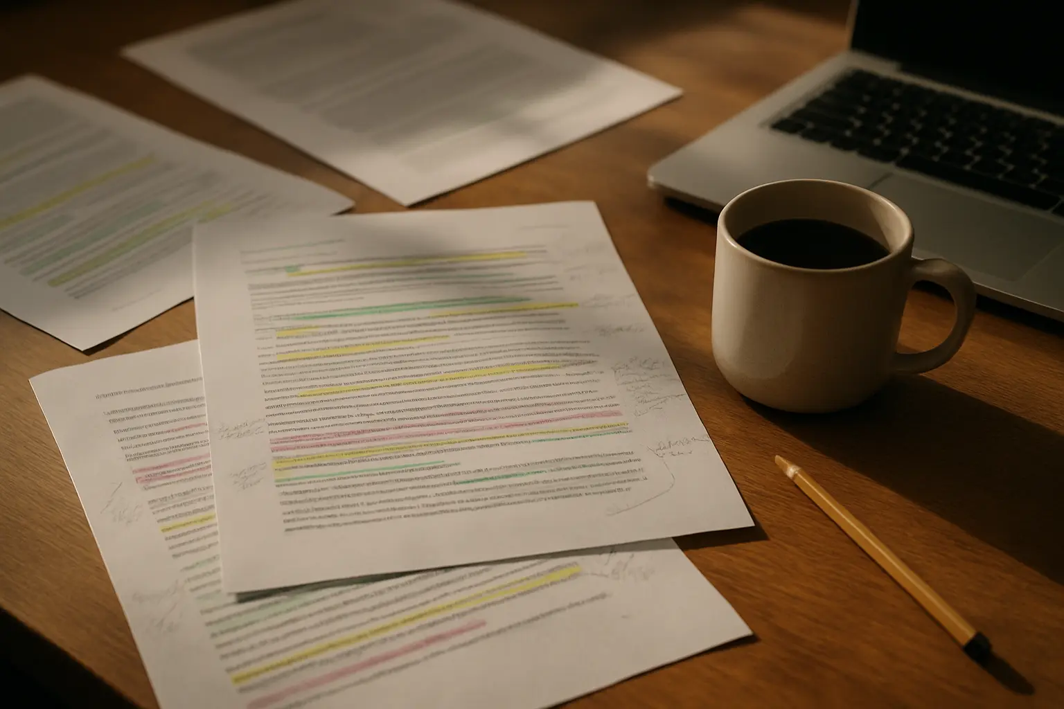 Printed interview transcripts being coded by hand for a thematic analysis