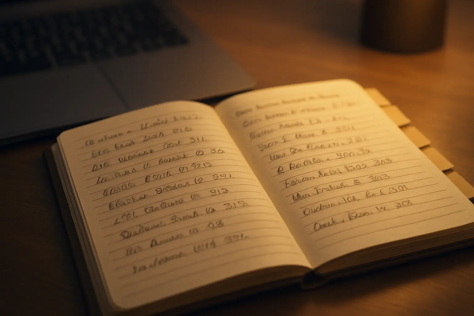 Notebook of case citations beside a laptop