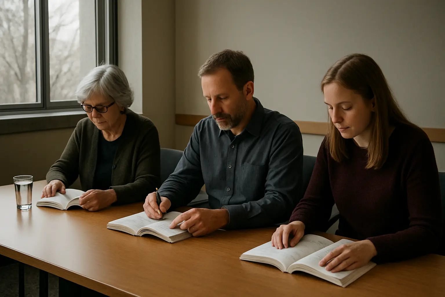 Three examiners at a seminar table, each reading a printed chapter