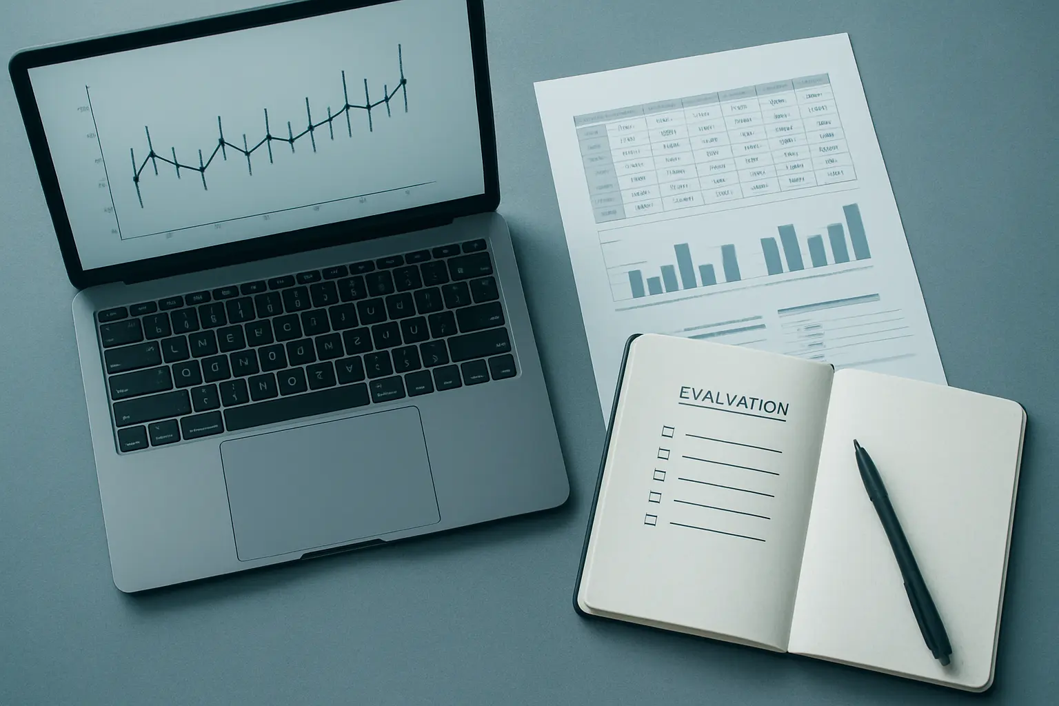 A laptop showing an abstract results chart with error bars beside a dataset summary sheet