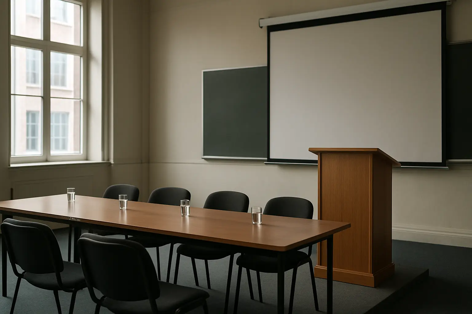 A university examination room prepared for a doctoral oral defence