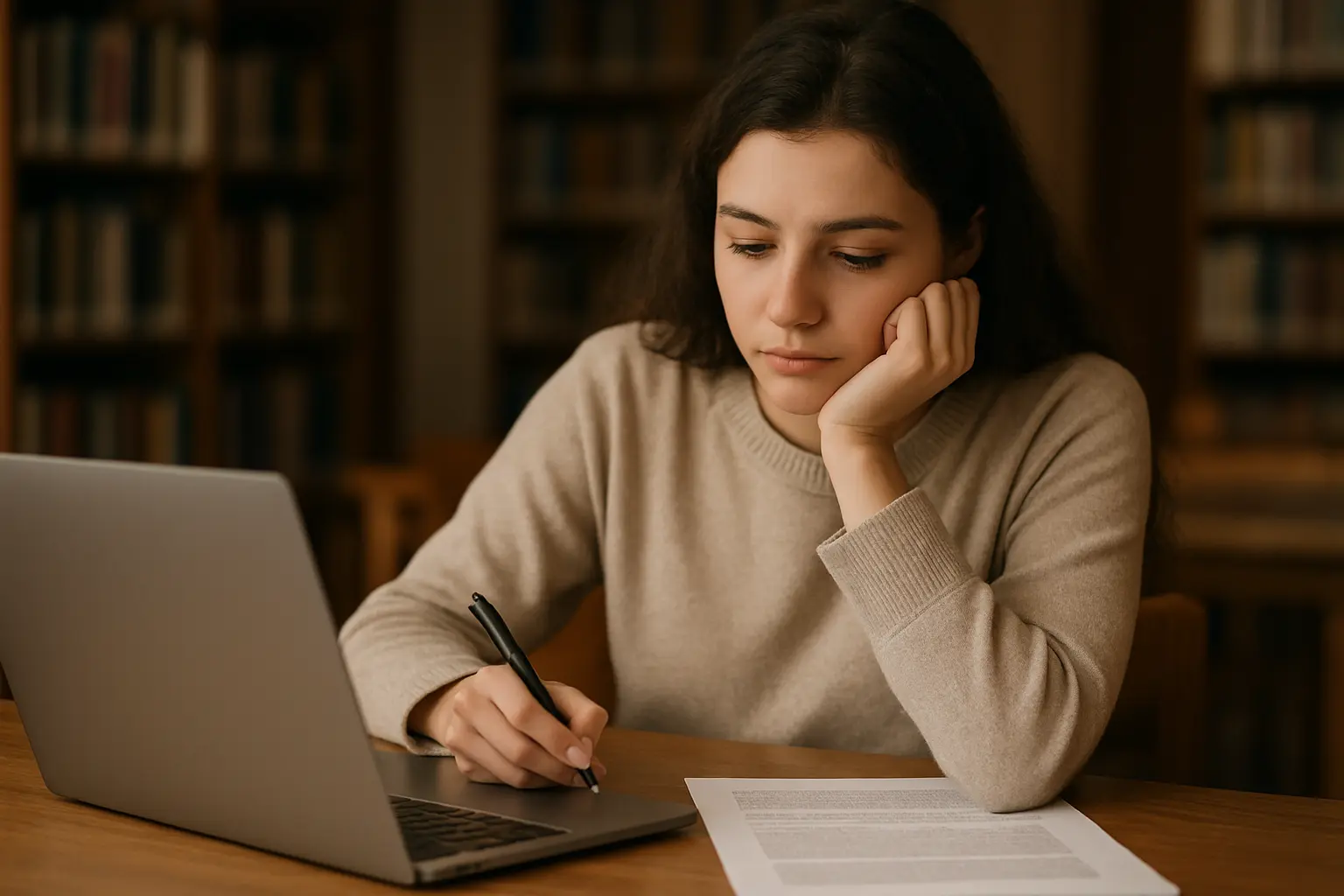 Étudiante rédigeant avec une politique universitaire ouverte à côté
