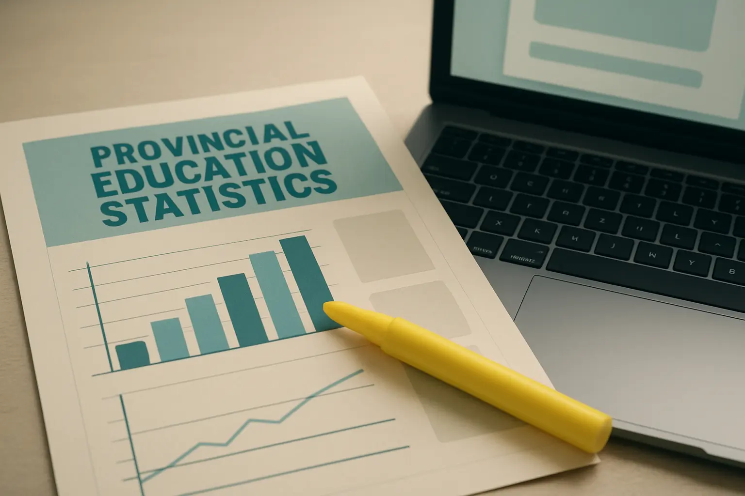 Rapport statistique sur l'education surligne sur un bureau a cote d'un ordinateur portable