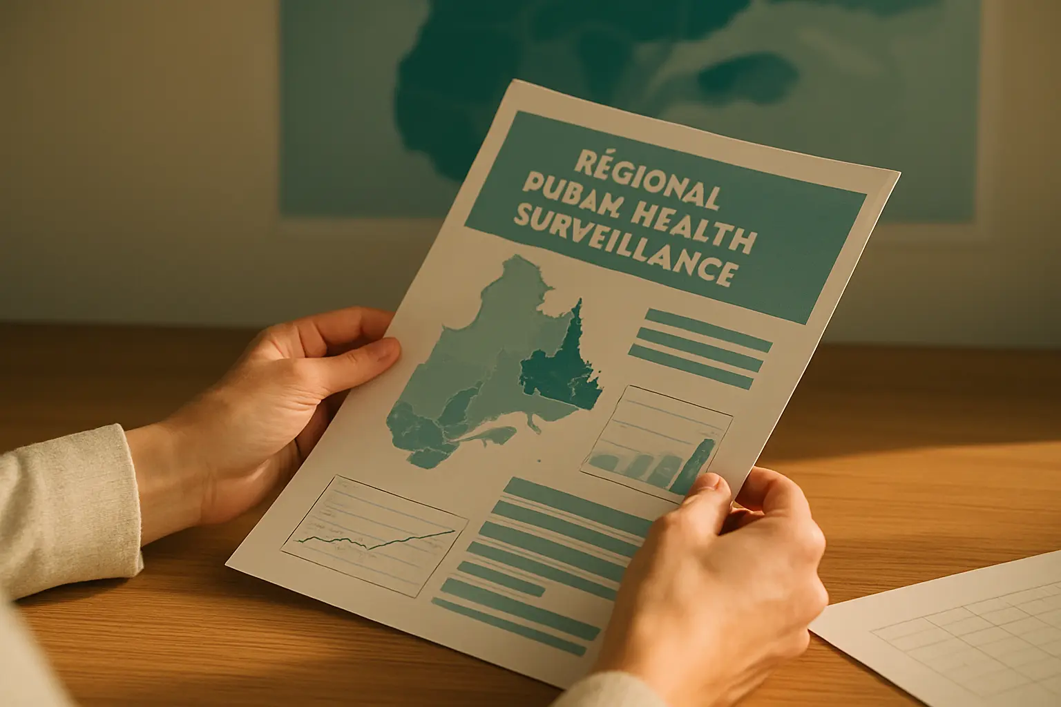 Mains examinant un rapport de surveillance sanitaire regionale imprime sur un bureau