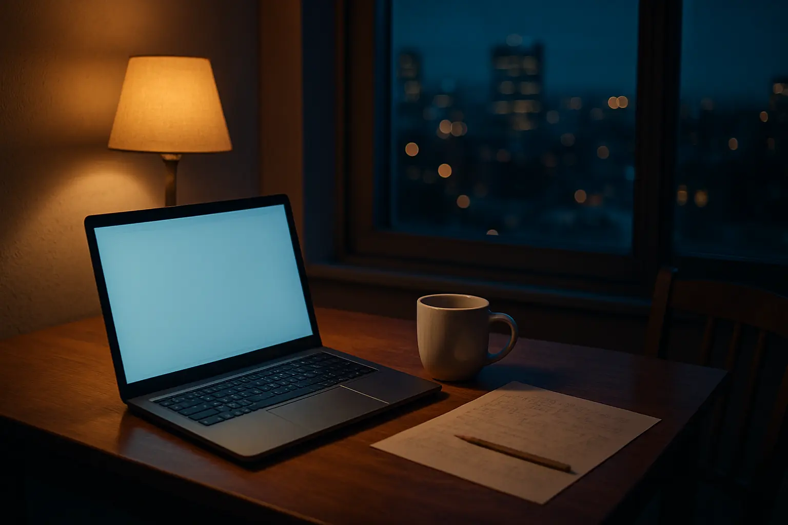 A laptop and a printed page side by side in a Montreal apartment at night