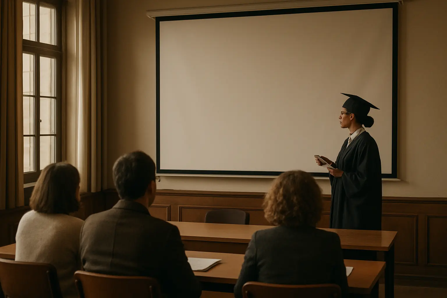 A doctoral candidate presenting the thesis to an examination committee
