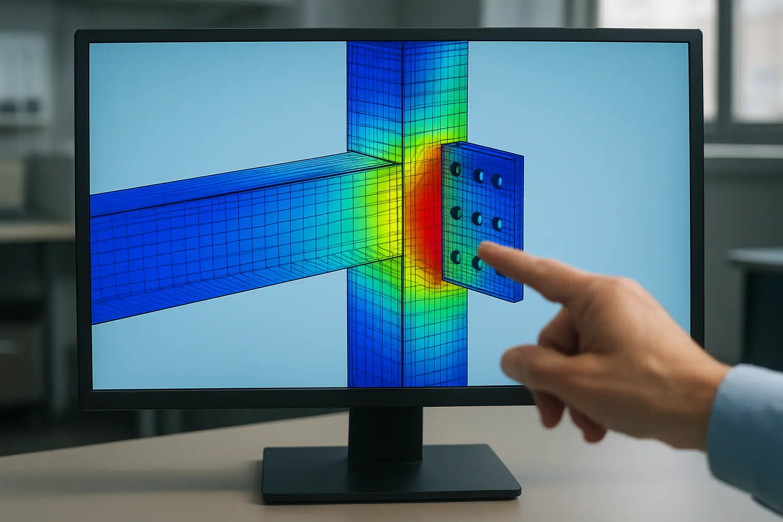A finite element mesh model with stress contour bands on a monitor