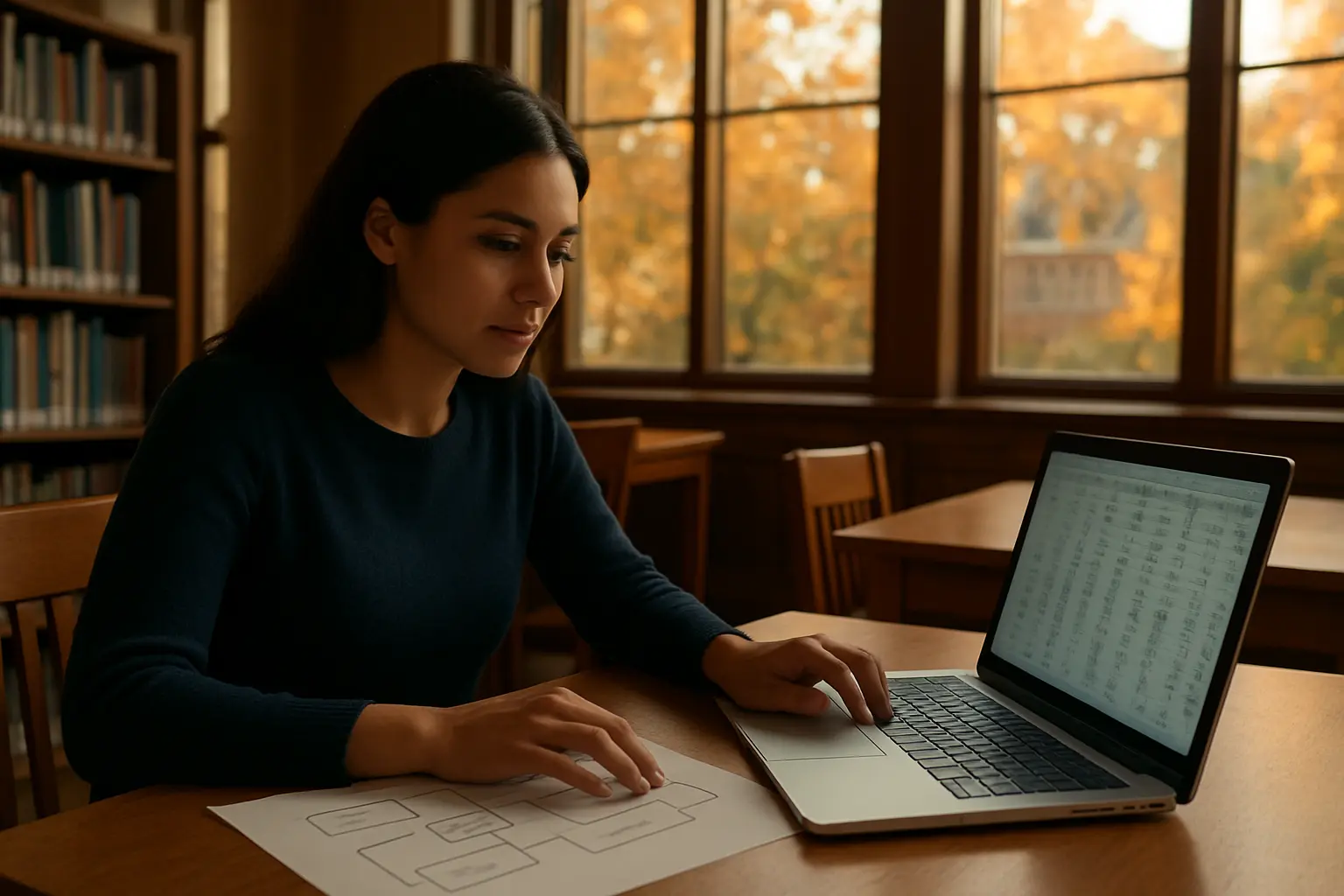 A graduate student comparing a printed research design with a spreadsheet of classroom data