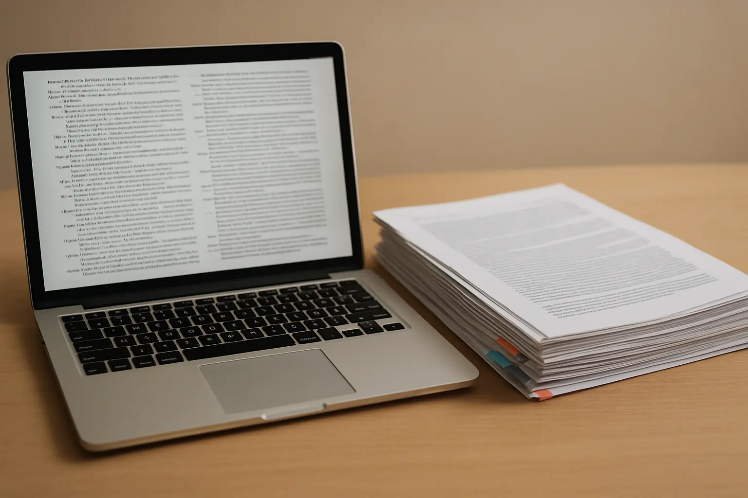 Laptop with a bibliography beside tabbed printed articles