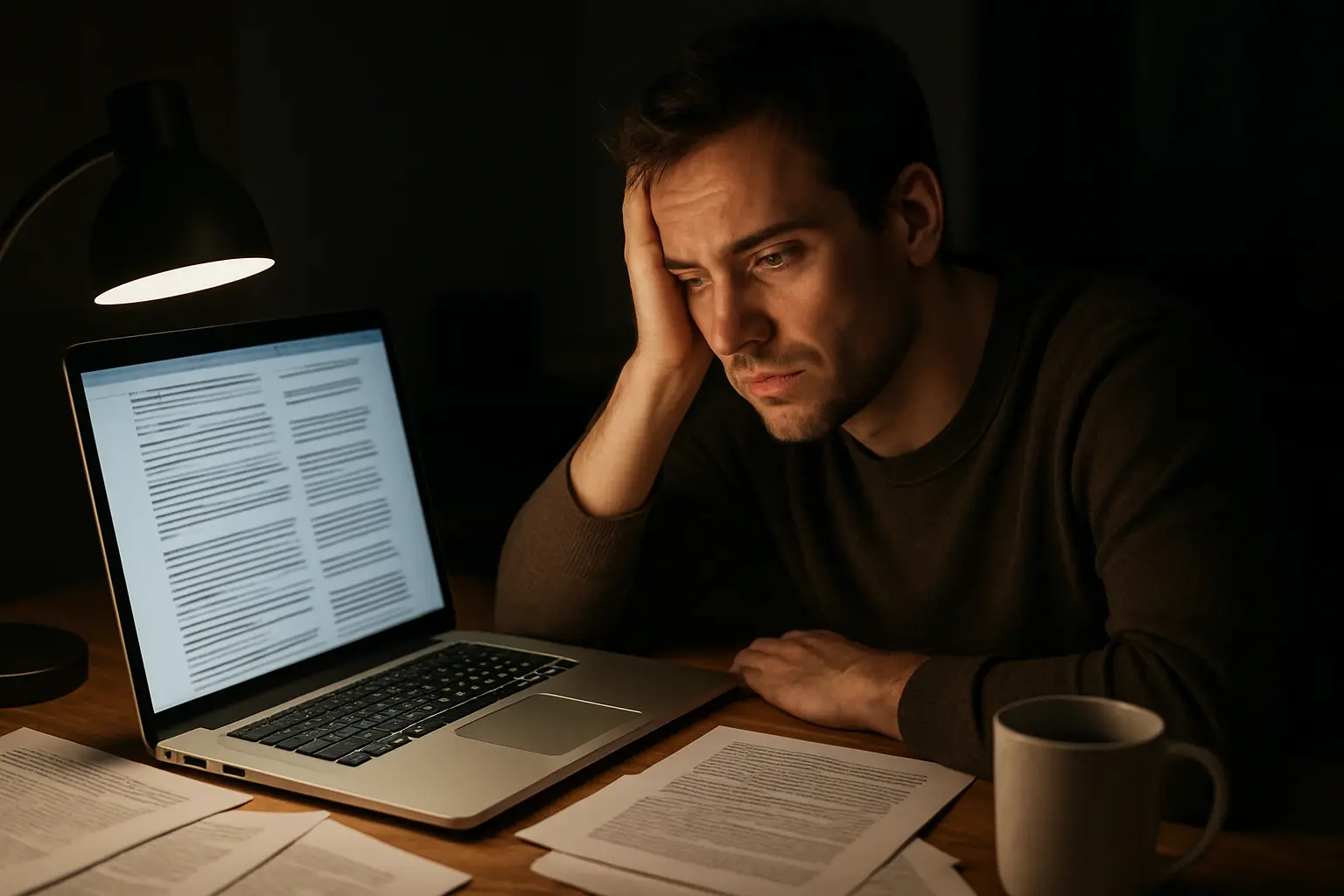 Étudiante devant un long document dont la mise en page a cédé, tard le soir