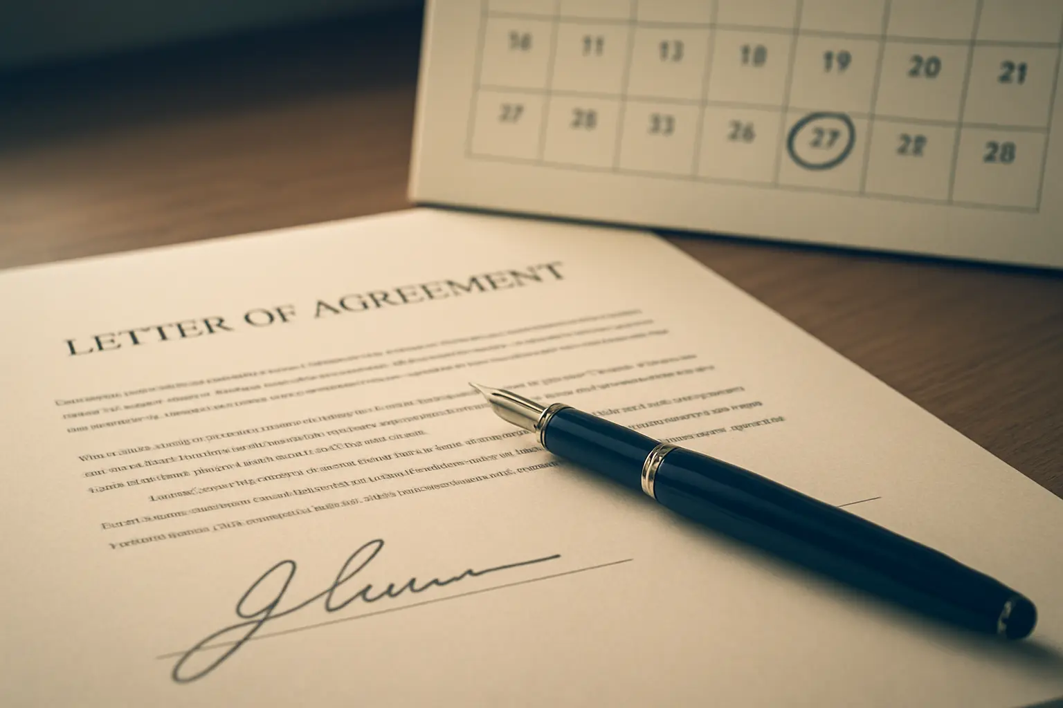 Lettre d'entente signee sur un bureau a cote d'un calendrier avec une date encerclee