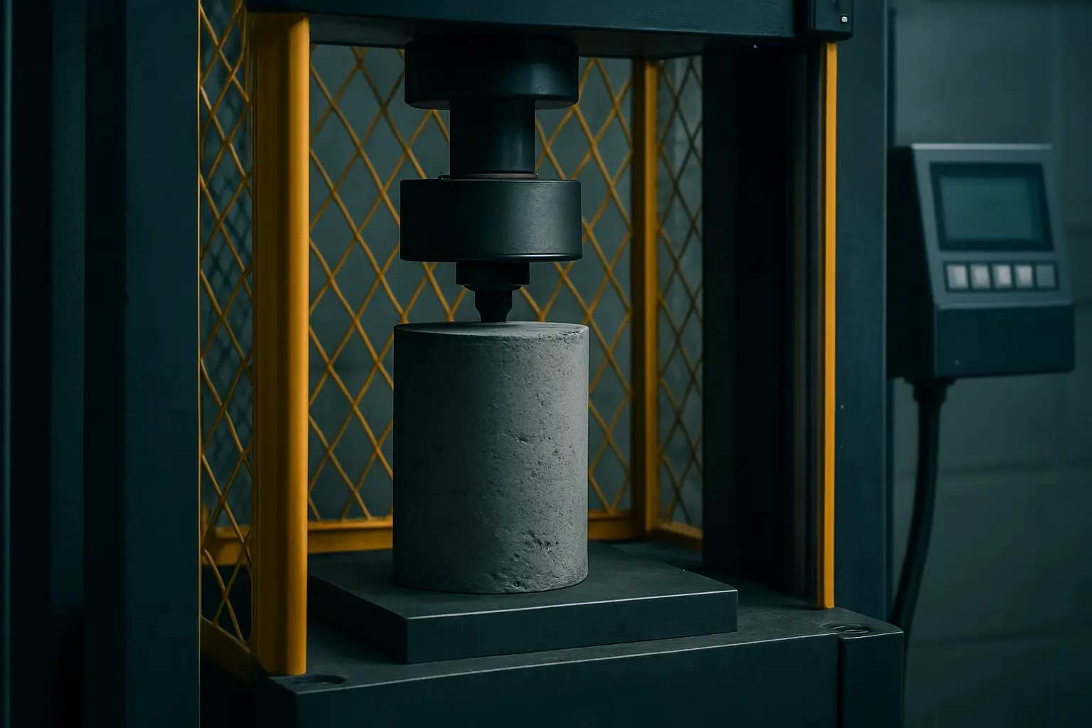 A concrete test cylinder loaded in a compression testing machine in a structural lab
