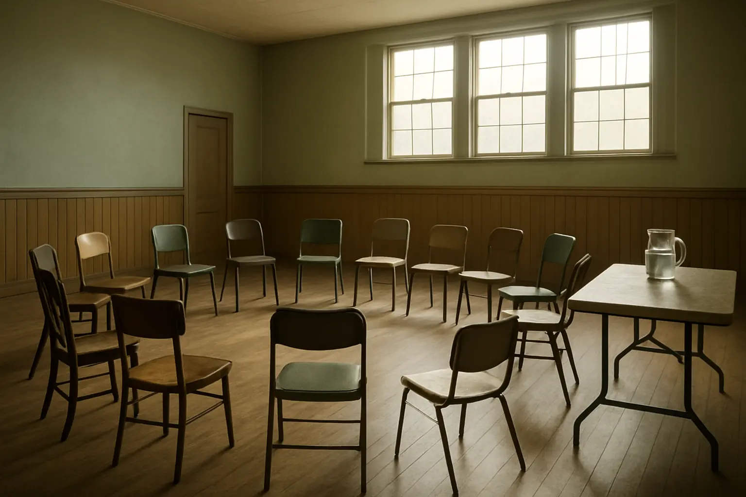 An empty circle of chairs in a community room, set up before a meeting