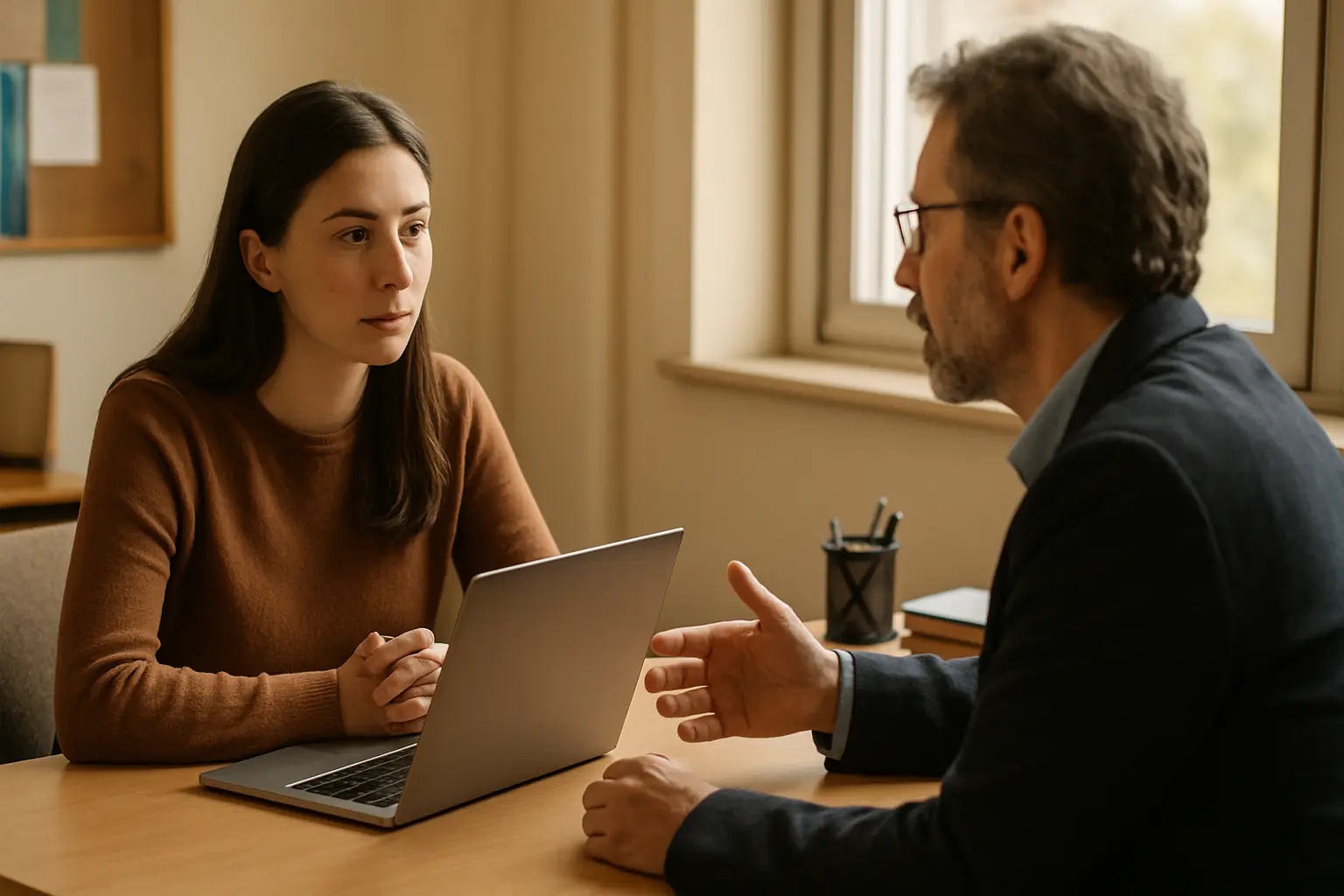 A graduate student consulting a programme coordinator about which checker the department uses