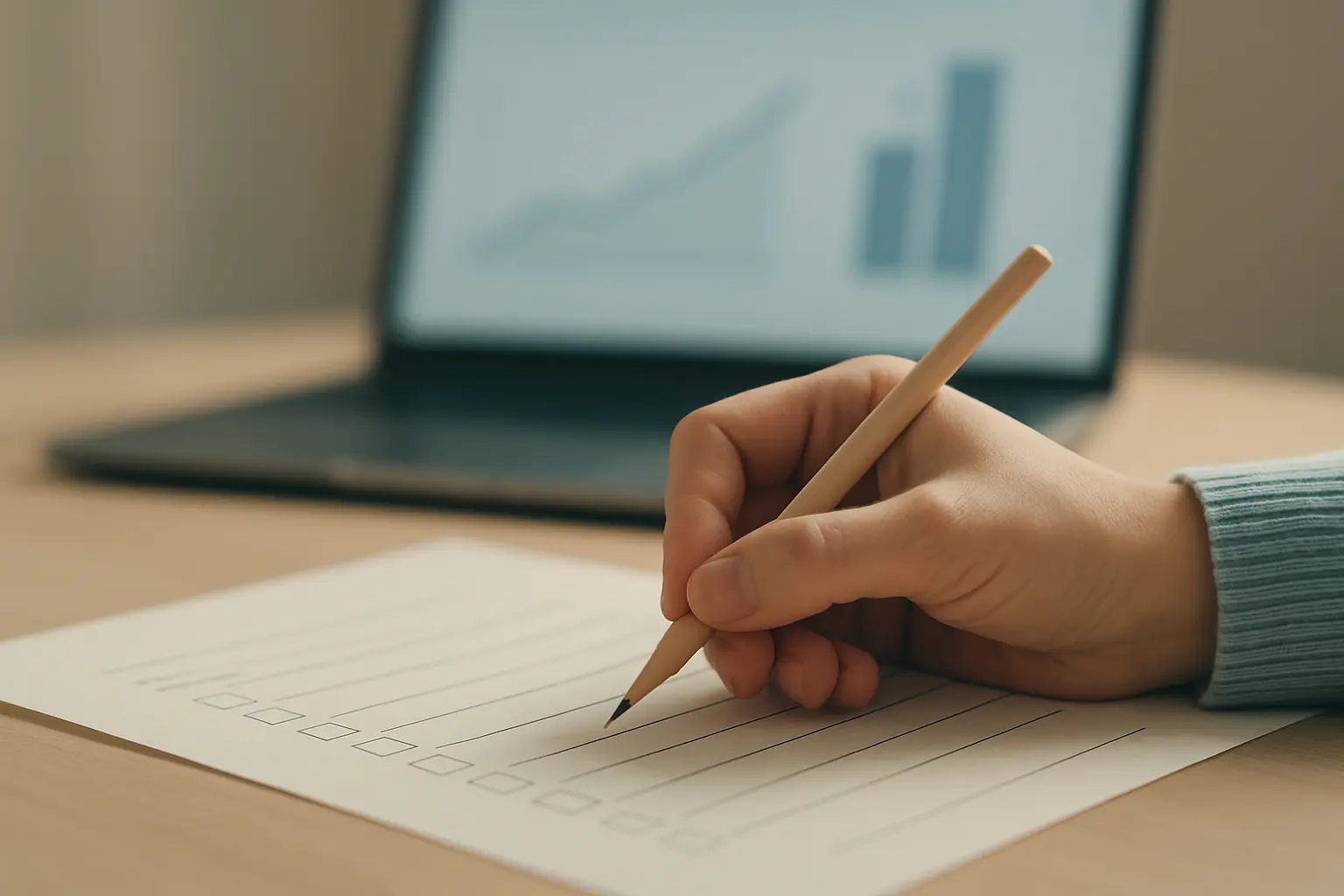 A hand filling in a brief paper self-report questionnaire with a pencil