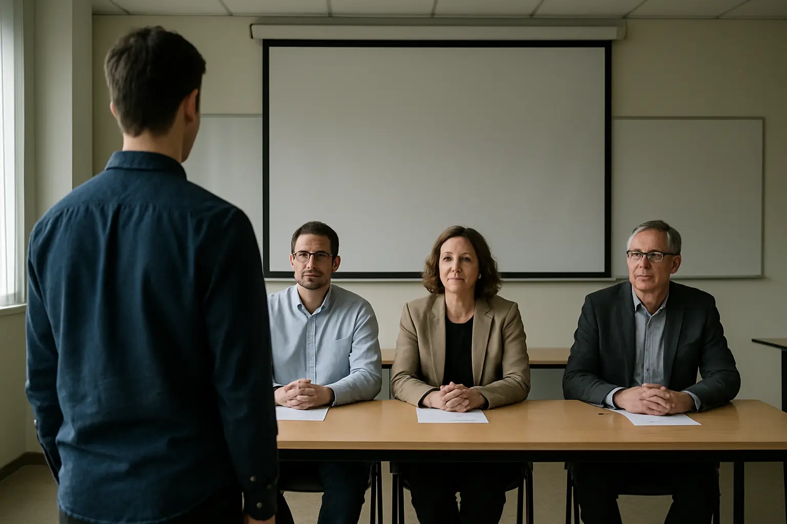 Thesis defence room where a candidate must account for how the work was produced