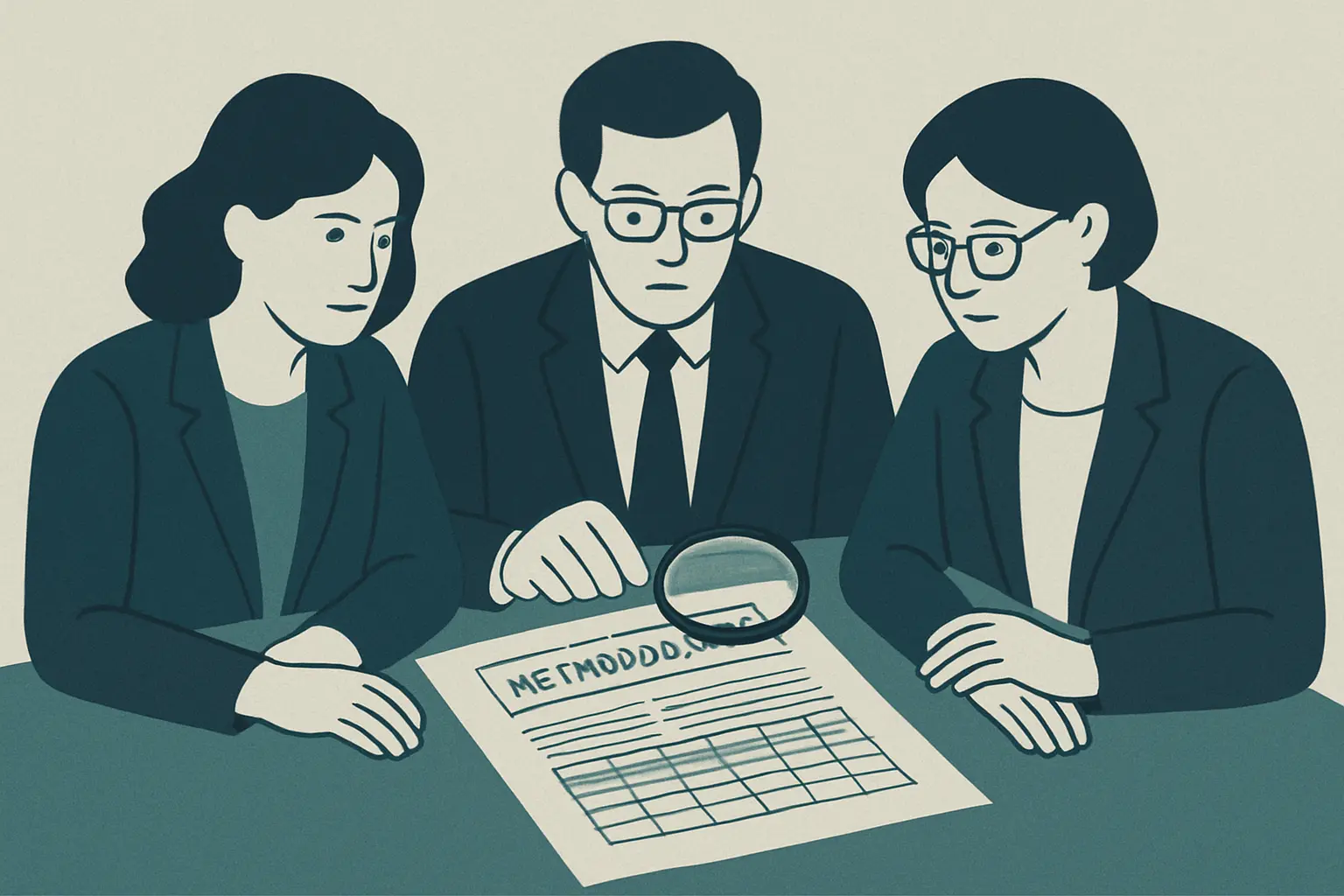 A committee reviewing a methodology chapter with a magnifying glass over a data table, representing tool-choice review in an accounting thesis