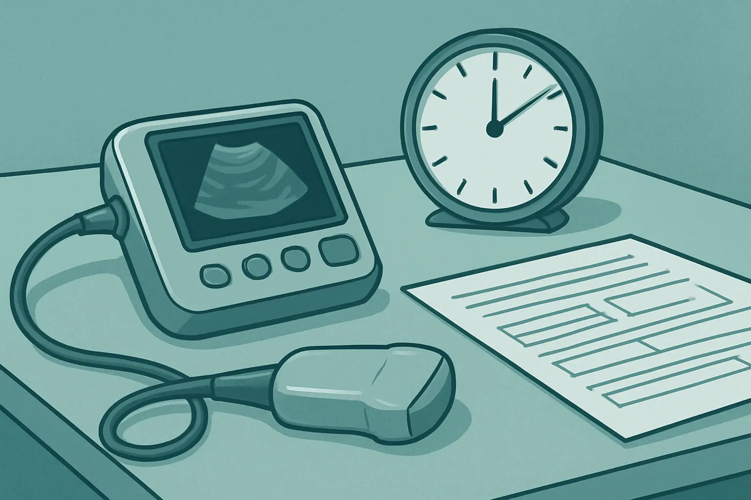 A point-of-care ultrasound probe beside a clock and a patient chart, representing time-to-diagnosis research in emergency medicine