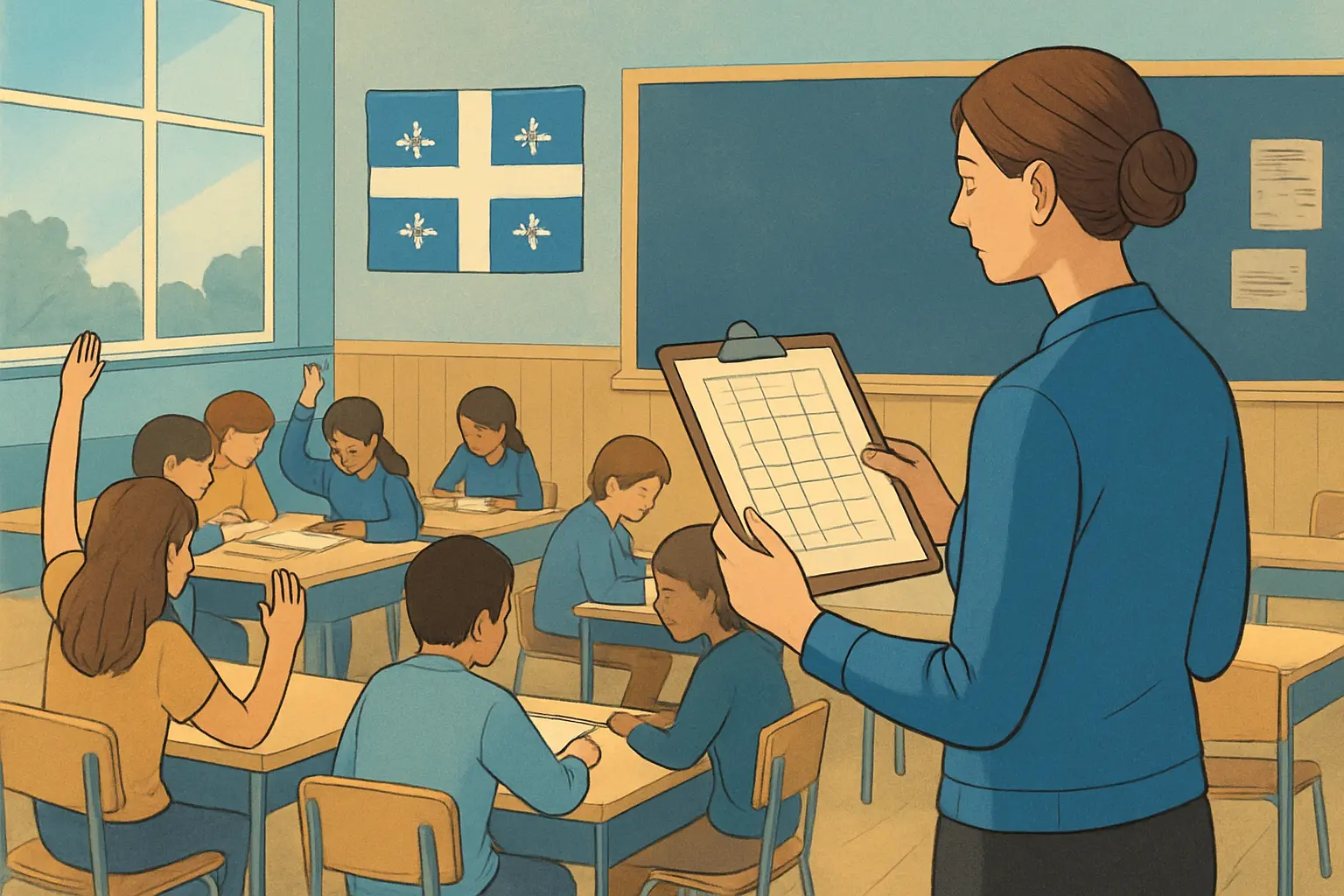 Une enseignante remplit une grille d'observation pendant que les élèves participent en classe, illustrant la mesure de l'engagement comportemental