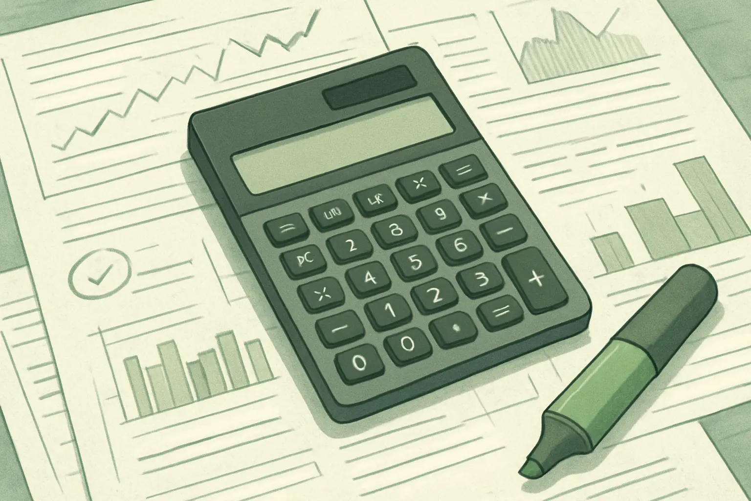 Une calculatrice et des états financiers imprimés avec des annotations, représentant le calcul d'indicateurs comptables pour un mémoire