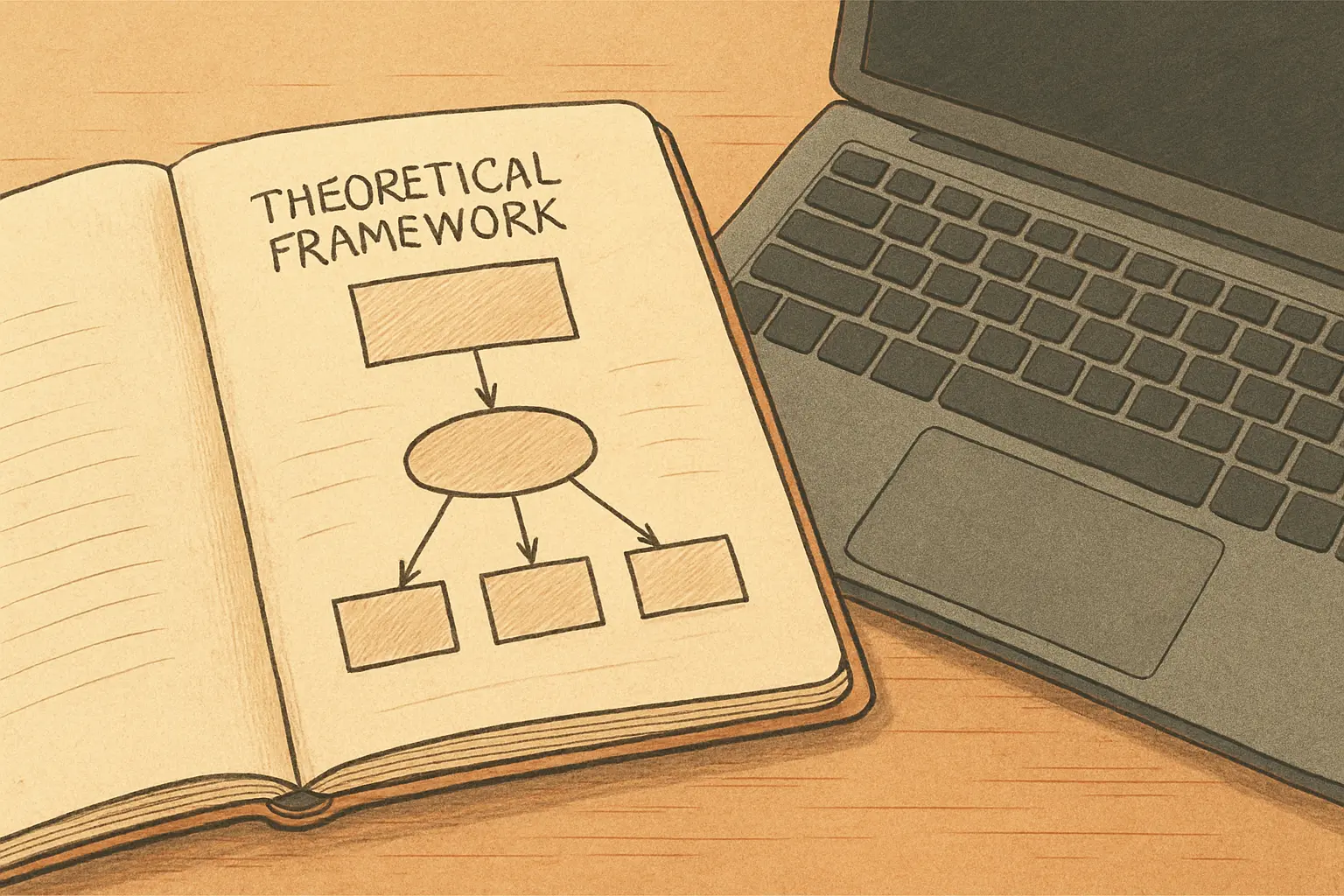 Un cahier de notes ouvert avec un schéma de cadre théorique à côté d'un ordinateur portable, représentant la rédaction d'un projet de mémoire en psychologie