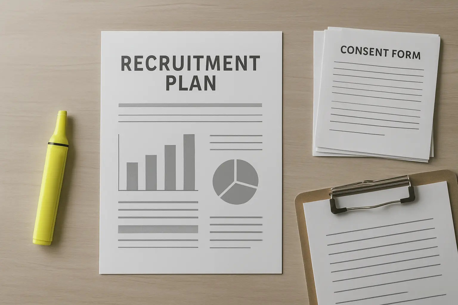 A printed recruitment plan and consent forms laid out on a desk