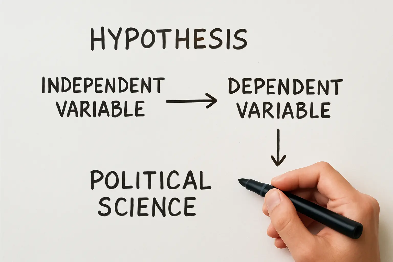 Whiteboard diagram mapping independent and dependent variables for a political science hypothesis