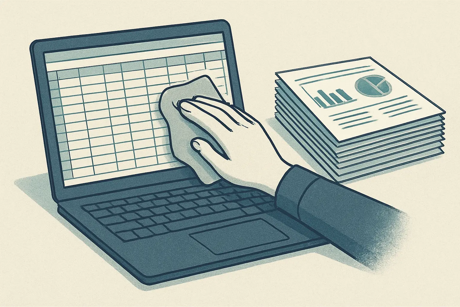 A laptop showing a data table being cleaned in a spreadsheet next to printed financial statements, representing accounting thesis data preparation