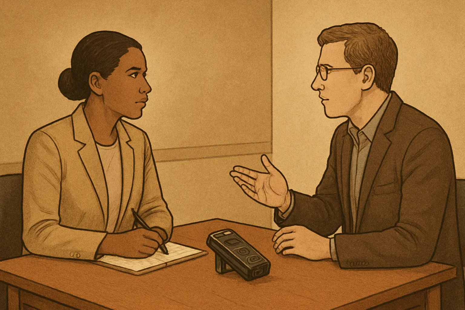 Two people in a one-on-one interview setting with a recorder on the table, representing a marketing thesis interview
