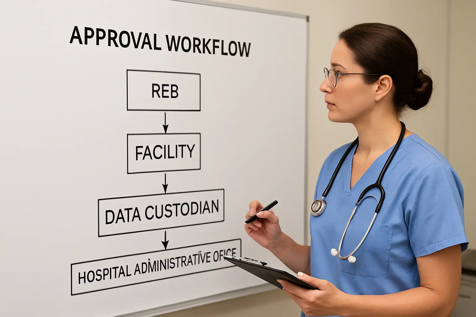 Nurse researcher reviewing an approval workflow chart showing REB, facility and data custodian stages