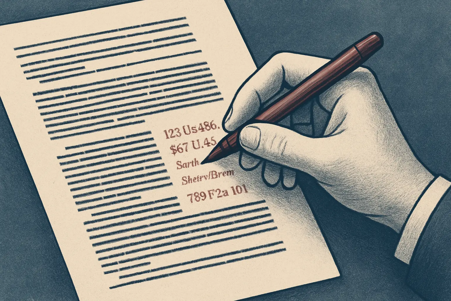 Une main annotant un texte de loi imprimé avec des références à la jurisprudence en marge, représentant la recherche juridique pour un mémoire