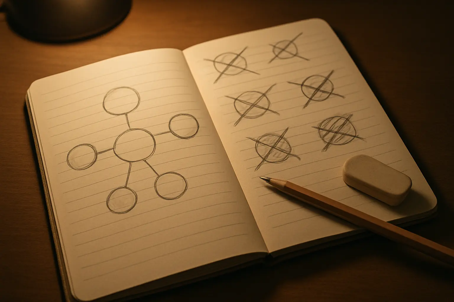 Successive hand-drawn drafts of a conceptual framework in a research notebook