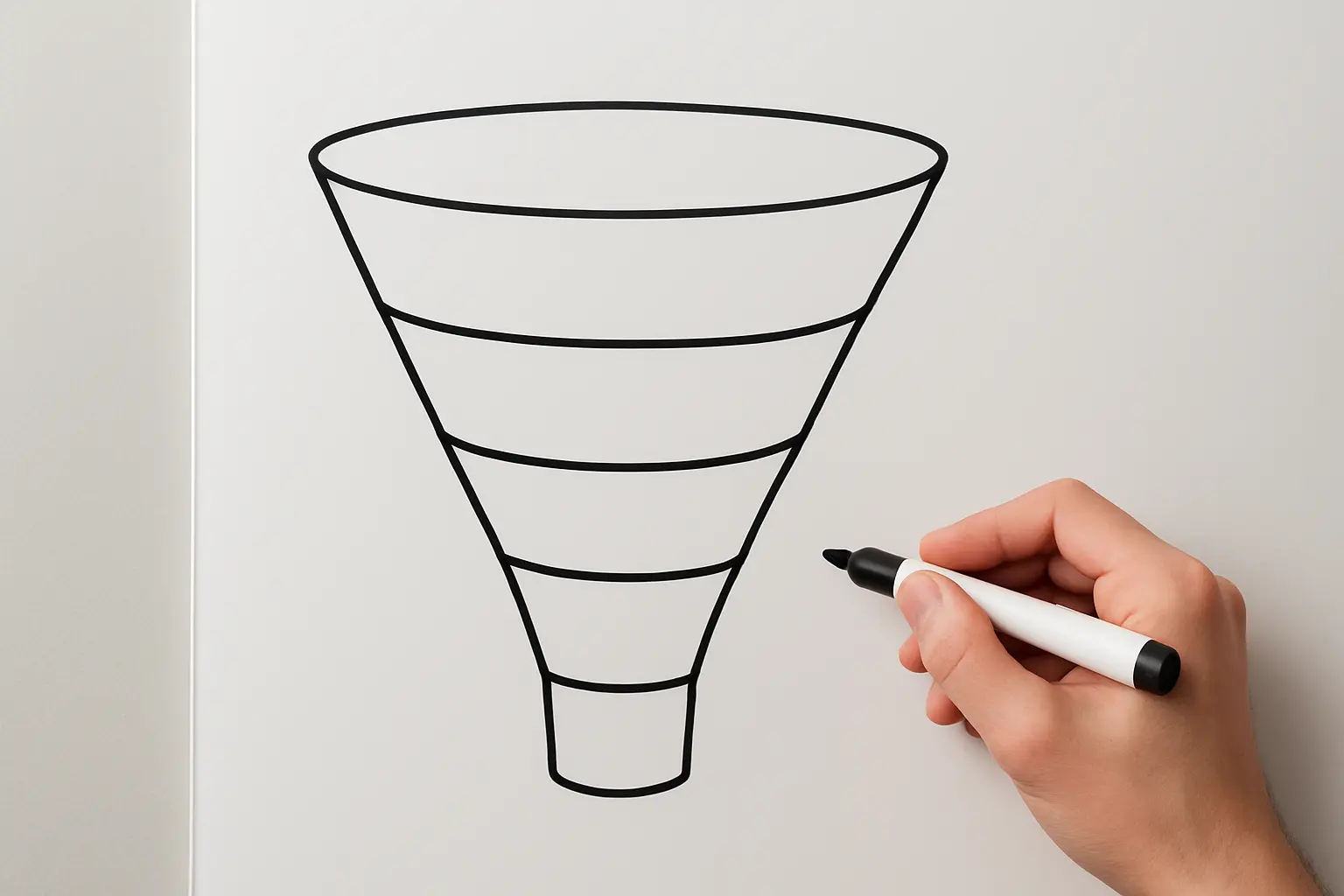 A funnel diagram on a whiteboard showing how a broad topic narrows to a research problem