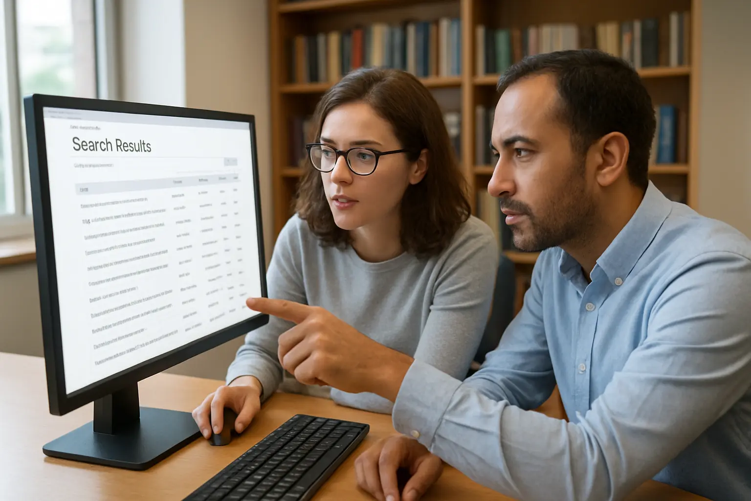 Two reviewers screening database search results together during a nursing systematic review
