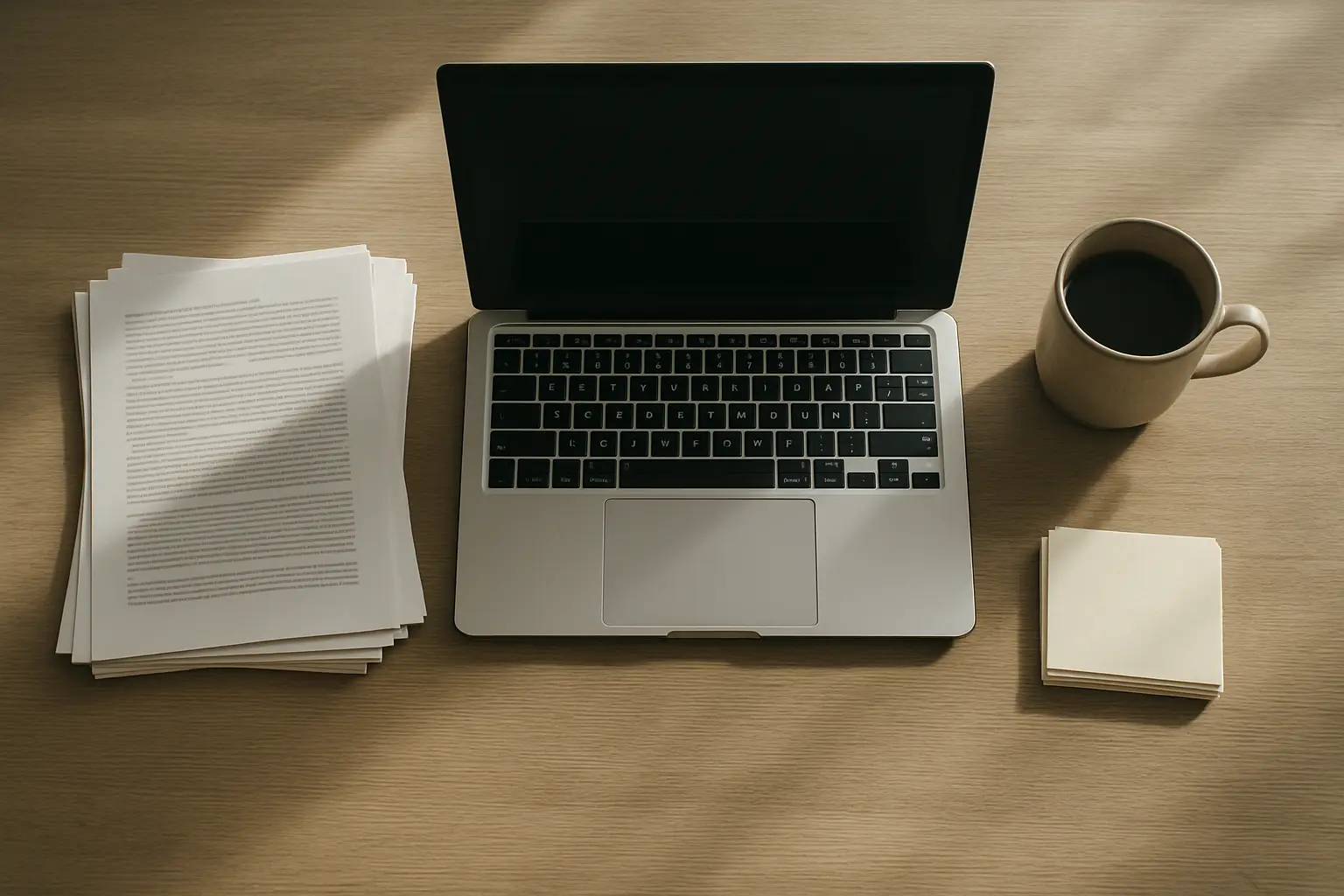 A graduate writing desk with a laptop, printed articles and index cards laid out