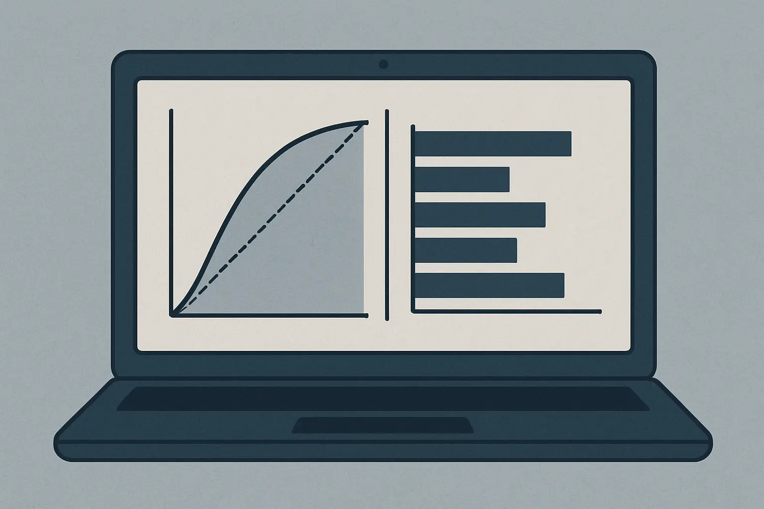 A calibration plot and feature-importance chart side by side on a laptop screen, representing data science thesis results