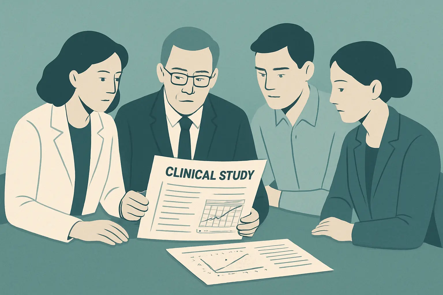A proposal committee reviewing a clinical study protocol with a statistical power-calculation printout, representing medical thesis proposal review