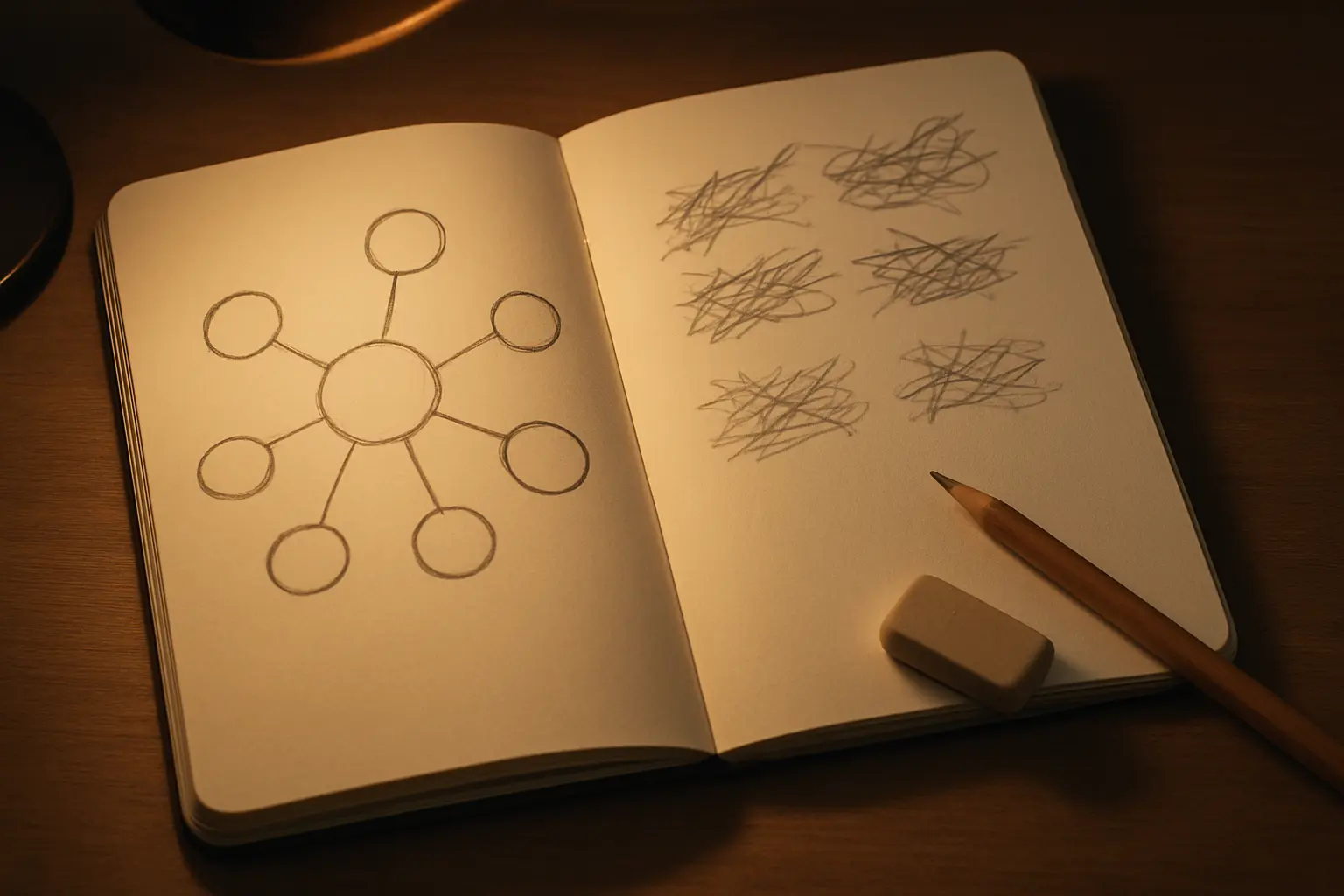 Plusieurs brouillons successifs d'un cadre conceptuel dans un cahier de recherche