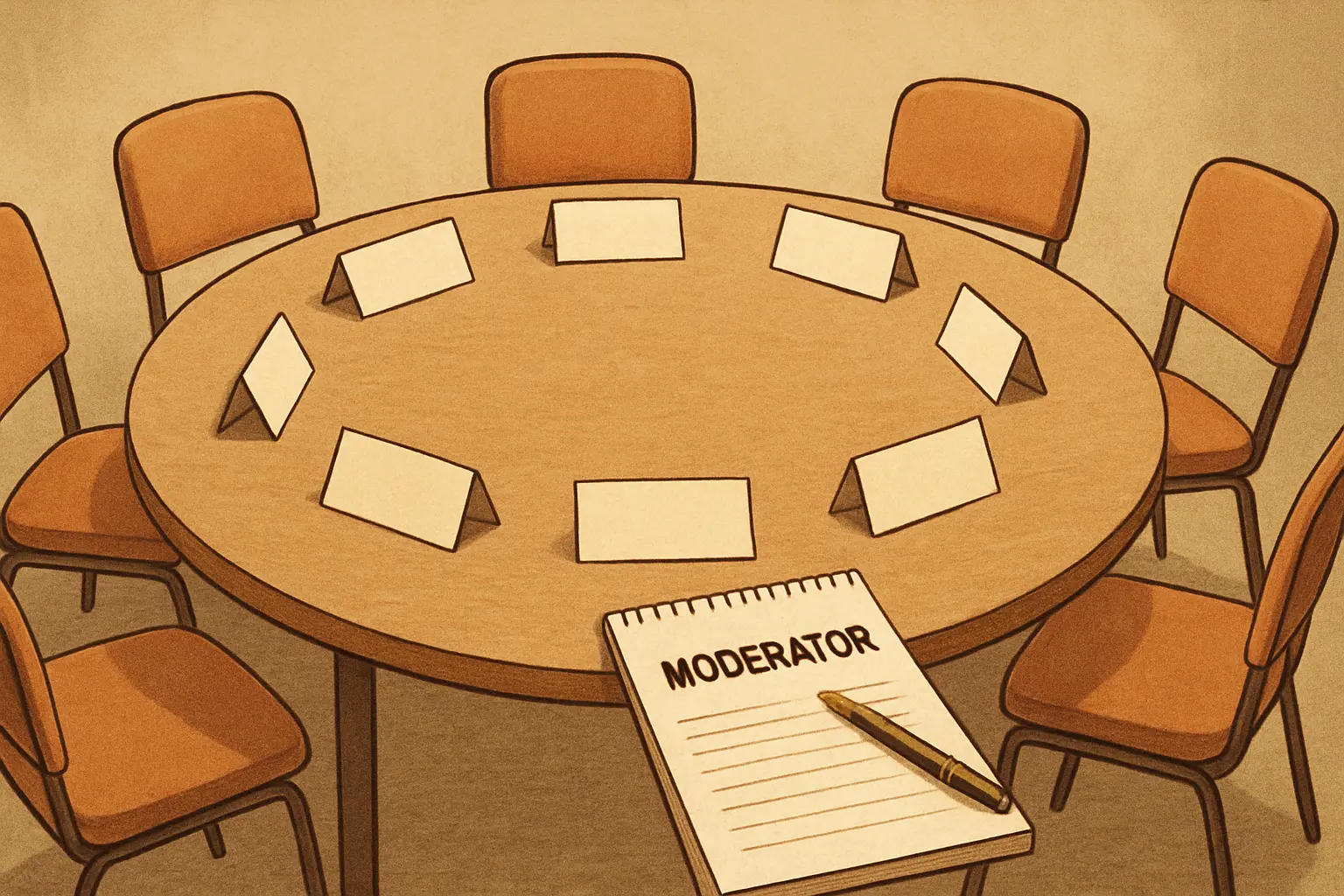 A round table set up for a marketing focus group with name cards and a moderator's notes, representing focus-group methodology