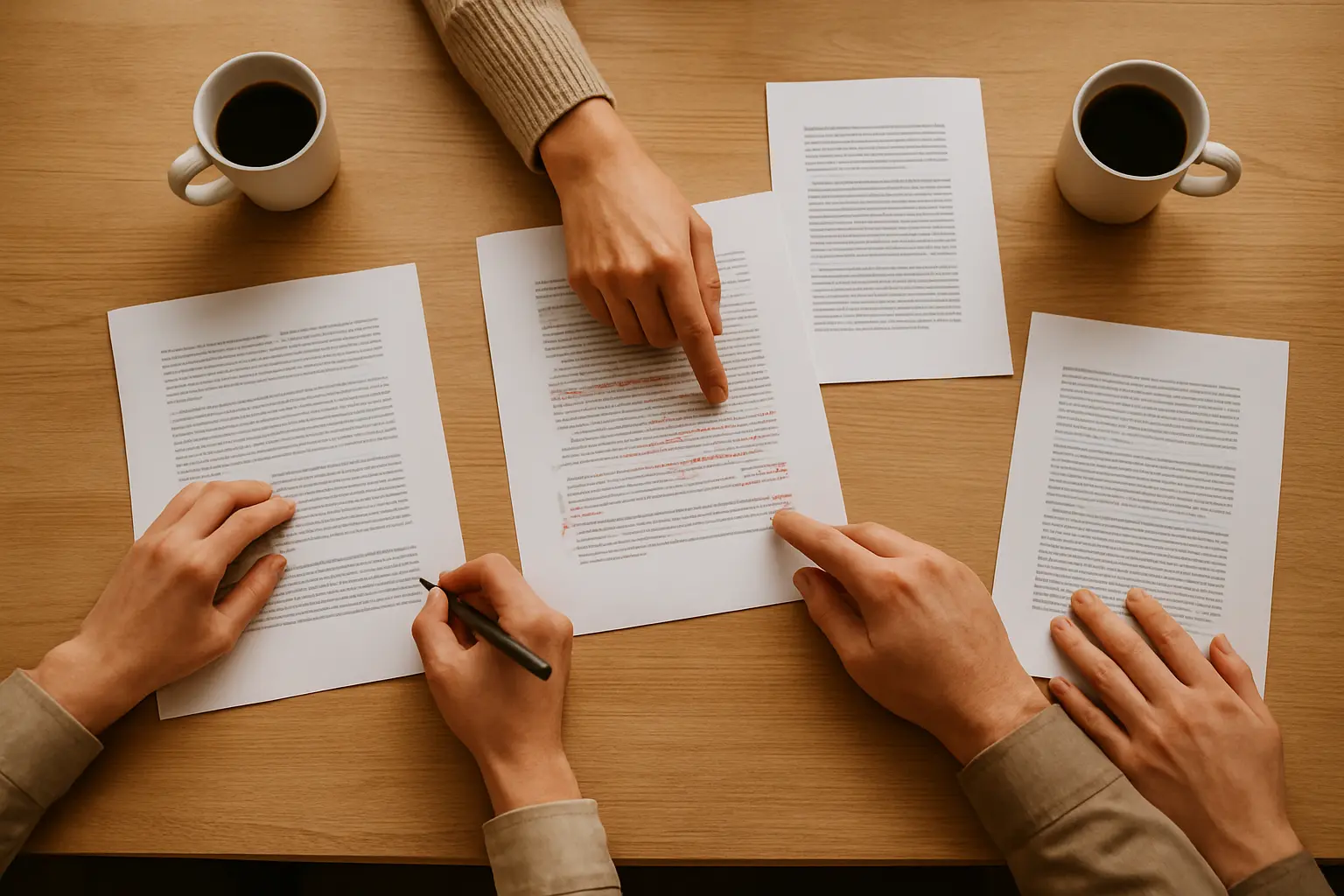 A thesis committee reading and annotating a printed draft around a seminar table