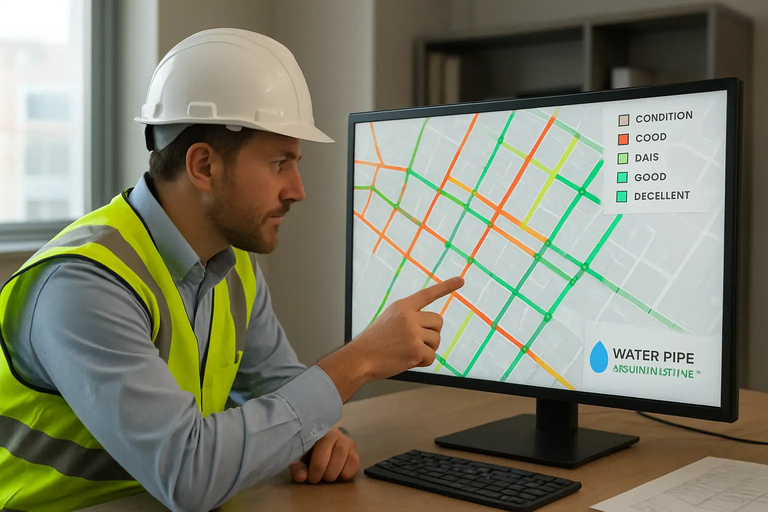 Engineer reviewing a color-coded map of pipe segment condition for an infrastructure renewal framework