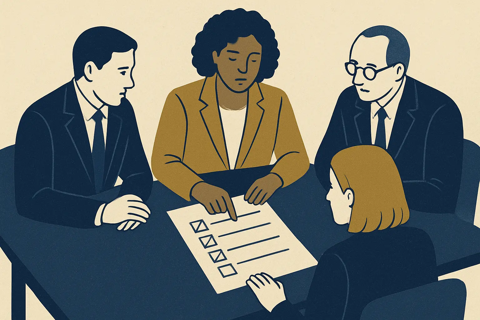 A proposal committee reviewing a checklist, representing what committees flag in a law thesis proposal