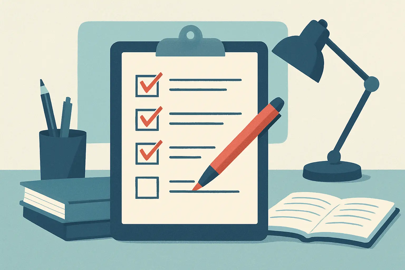 A checklist being reviewed, representing the five things examiners flag in a nursing thesis